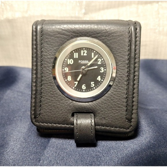 Fossil Other - FOSSIL TRAVEL CLOCK BLACK  LEATHER CASE  Vintage Folding Retro Working